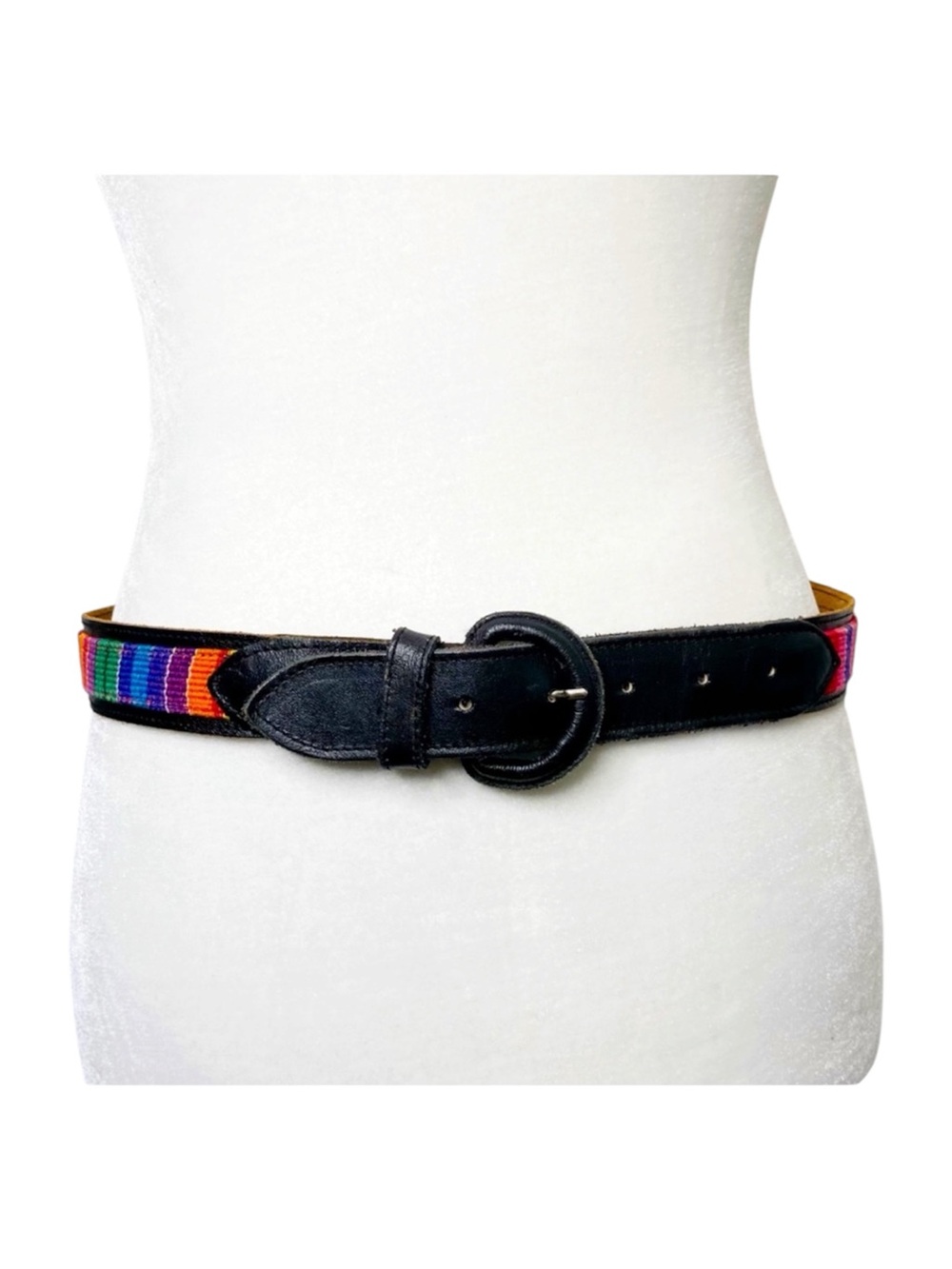 Multi-Color Rainbow Woven Waist Belt Faux Leather Buckle
